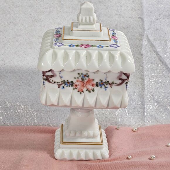 Westmoreland Milk Glass Footed Pedestal Wedding Box Candy Dish Hand Painted 10” - Picture 4 of 16